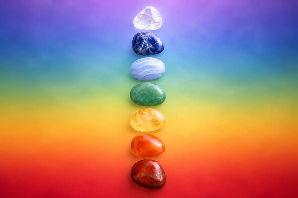 Seven chakra healing crystals arranged in a column from root to crown — red jasper, carnelian, citrine, green aventurine, blue lace agate, sodalite, and clear quartz