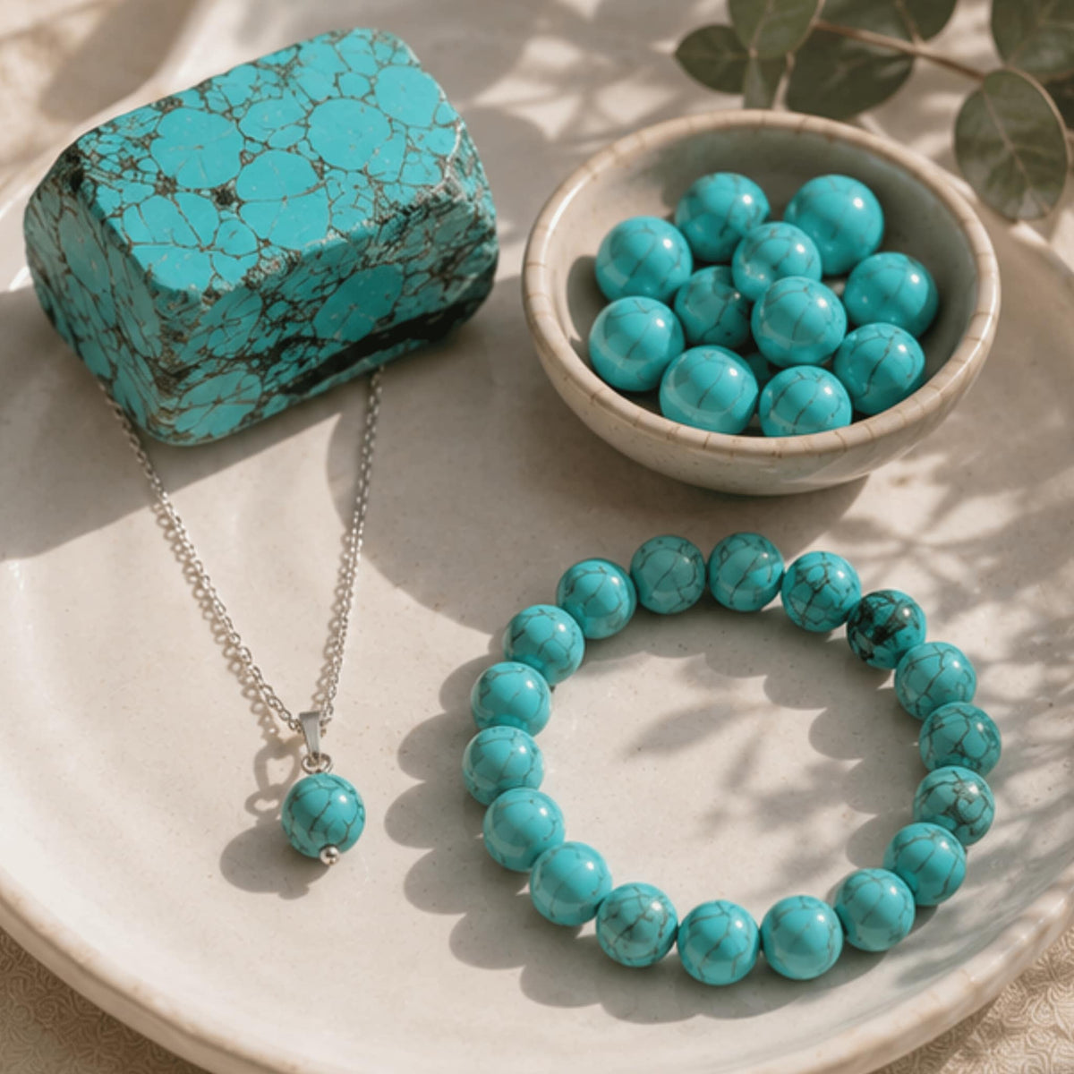turquoise blue howlite crystal jewelry collection with calming healing stones. Turquoise Blue Howlite necklaces, bracelets and more
