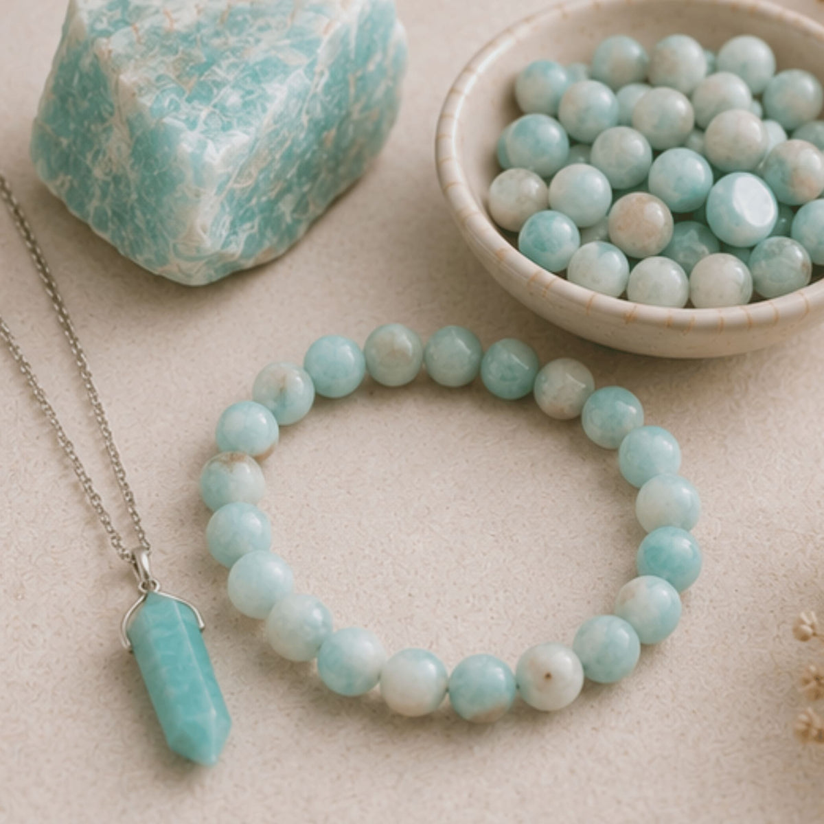 Amazonite crystal jewelry collection with natural green-blue healing stone, amazonite bracelets, necklaces, rings and earrings