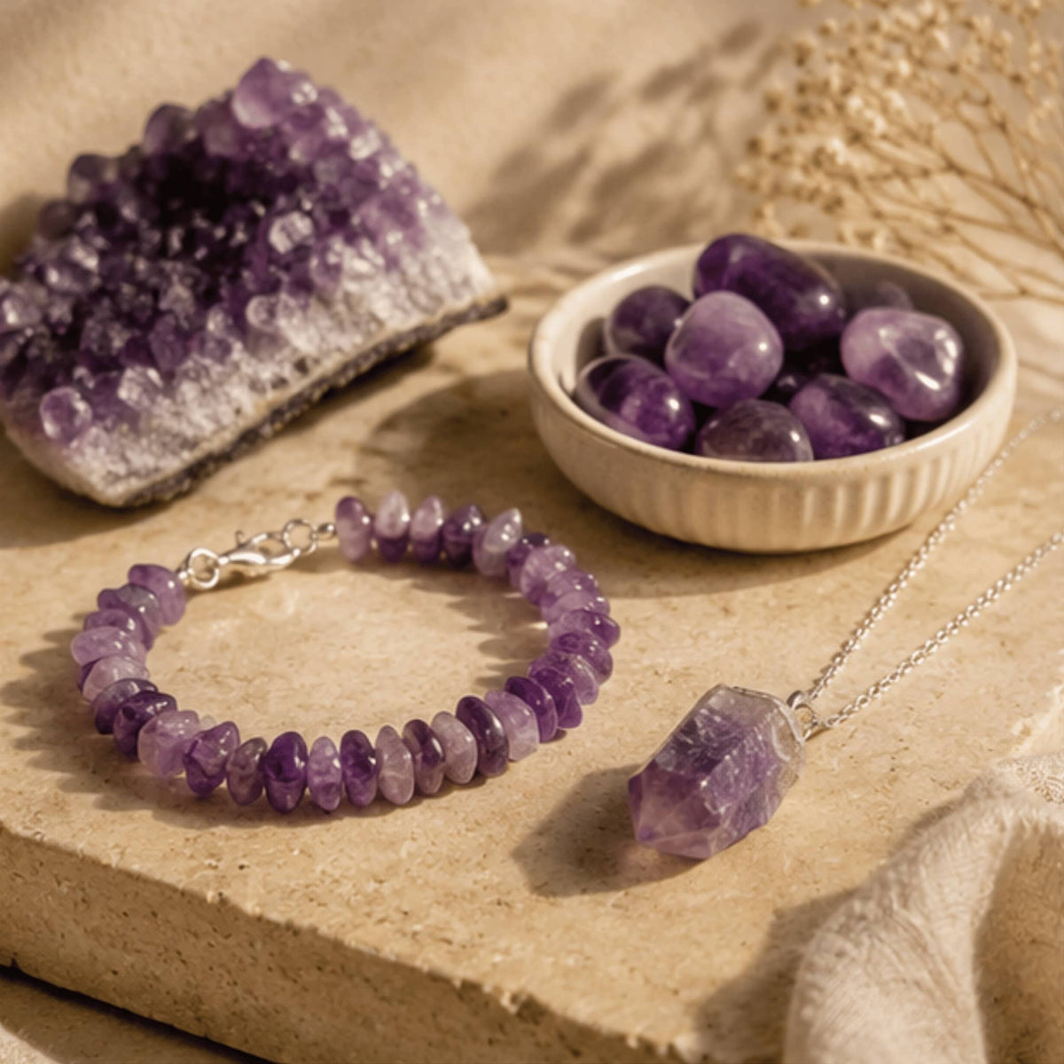 Amethyst crystal jewelry collection with amethyst bracelets, amethyst pendants, amethyst necklaces, amethysts rings, and loose amethyst stones