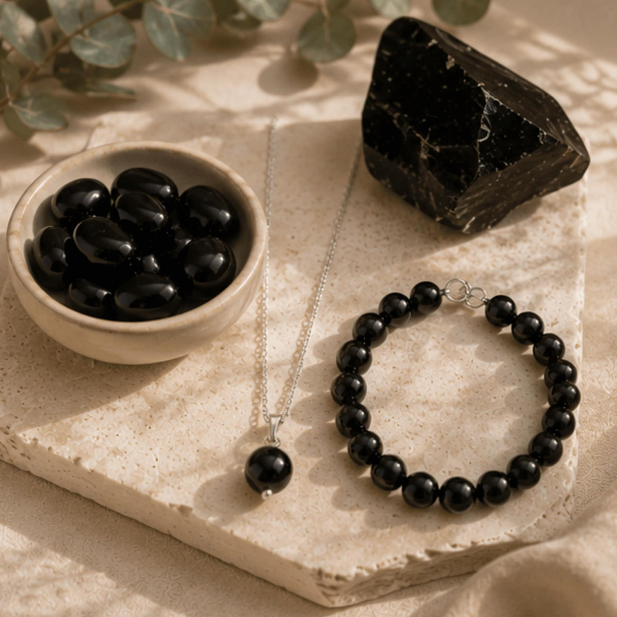 Black onyx crystal jewelry collection with grounding healing gemstone. Black onyx necklaces, bracelets, earrings, rings and more