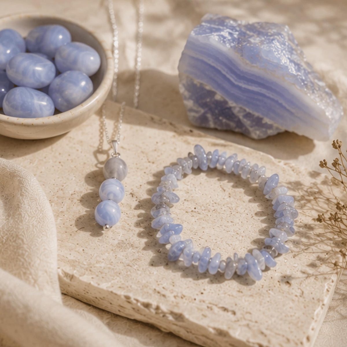 Blue Lace Agate jewelry collection featuring blue lace agate necklaces, bracelets, rings, earrings and pendants