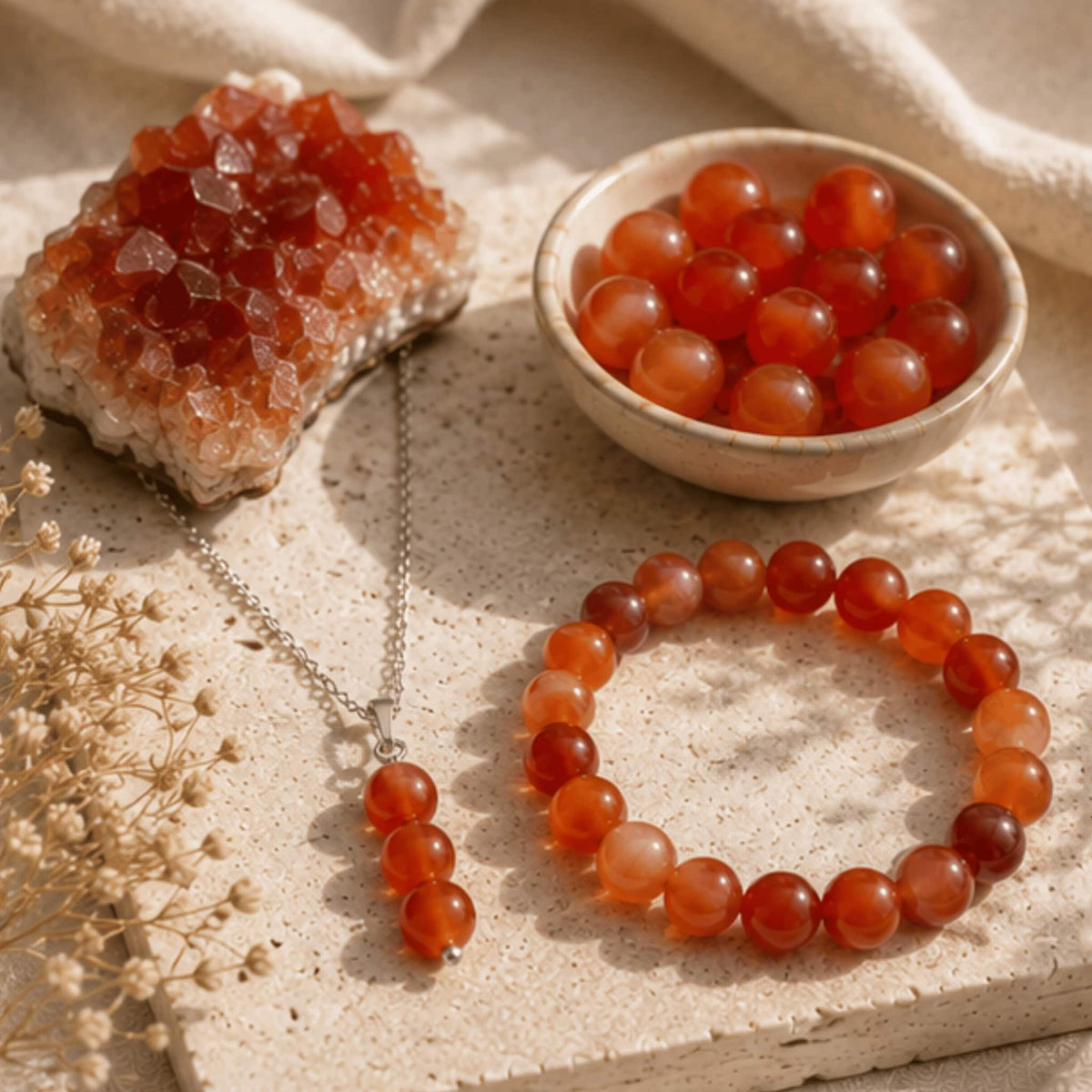 Carnelian crystal jewelry collection with orange healing gemstone. Carnelian necklaces, Carnelian bracelets, rings, earrings and stones