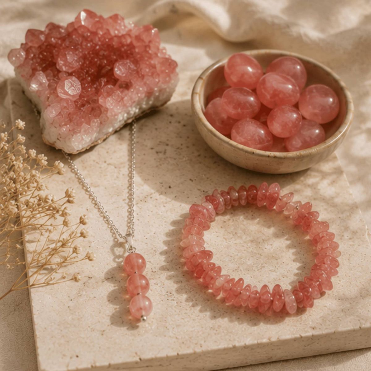 Cherry quartz crystal jewelry collection with pink healing stone. Cherry Quartz bracelets, necklaces and more