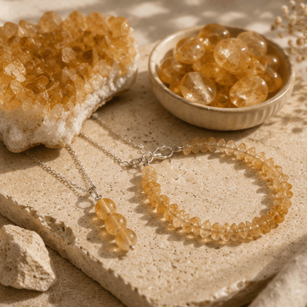 Citrine crystal jewelry collection with yellow abundance healing gemstone. Citrine necklaces, Citrine bracelets, Citrine earrings, Citrine rings and Raw Citrine pendants