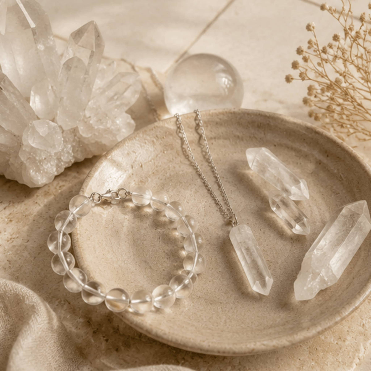 Clear quartz crystal jewelry collection with amplifying healing stone. Clear Quartz necklaces, Clear quartz bracelets, Clear Quartz rings, Clear quartz stones
