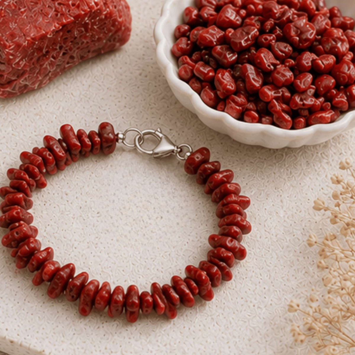 Coral crystal jewelry collection with natural red healing crystals. Coral bracelets, Coral necklaces and more