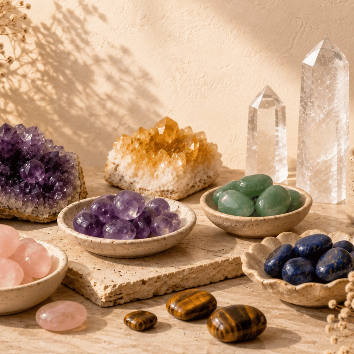 Crystal library collection featuring healing gemstones and natural crystals such as amethyst, rose quartz, green aventurine, citrine, carnelian, amazonite, blue lace agate, obsidian and so much more