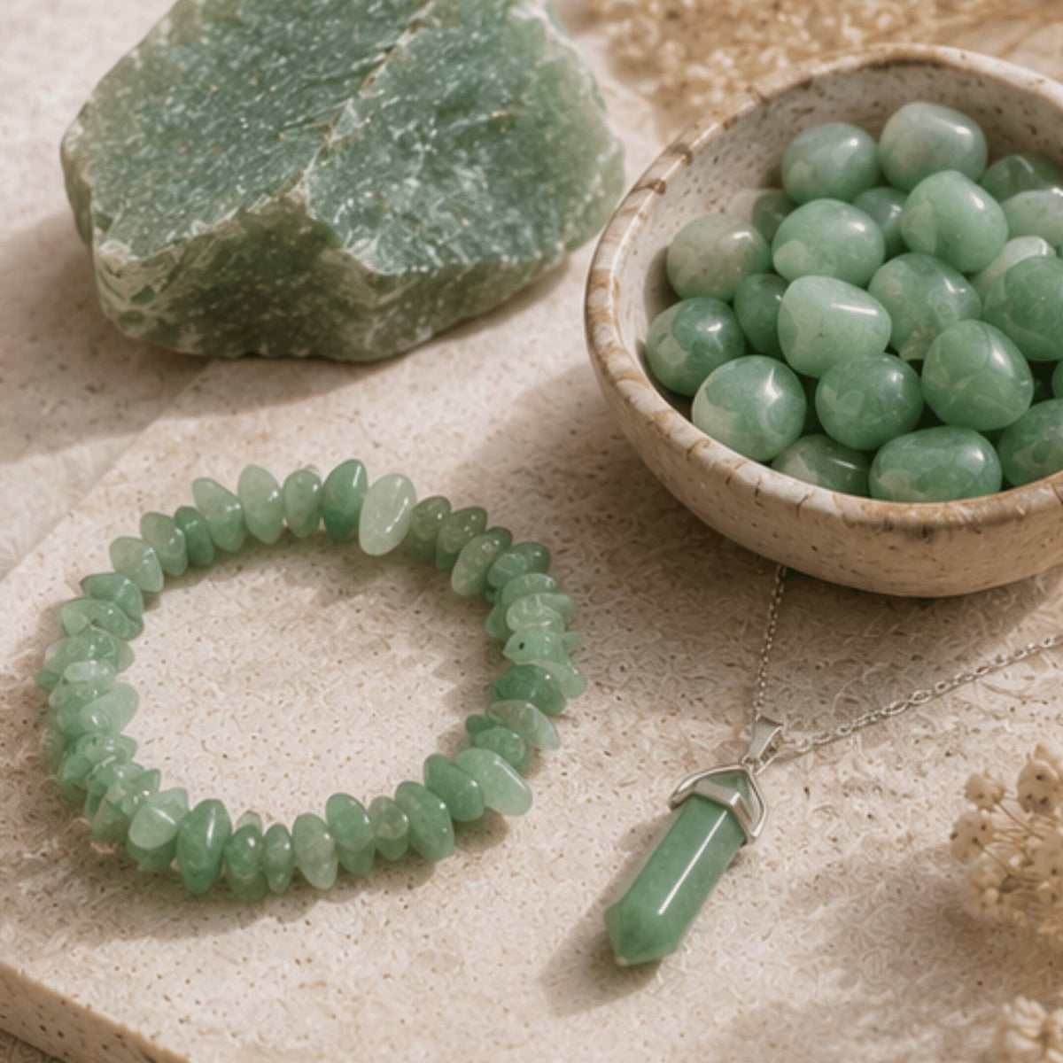 Green aventurine crystal jewelry collection with prosperity healing stone. Green Aventurine necklaces, bracelets, rings, earrings and stones