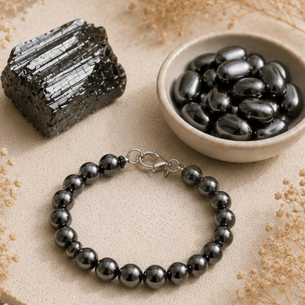 Hematite crystal jewelry collection with grounding protective stone. Hematite necklaces, Hematite bracelets, Hematite stones