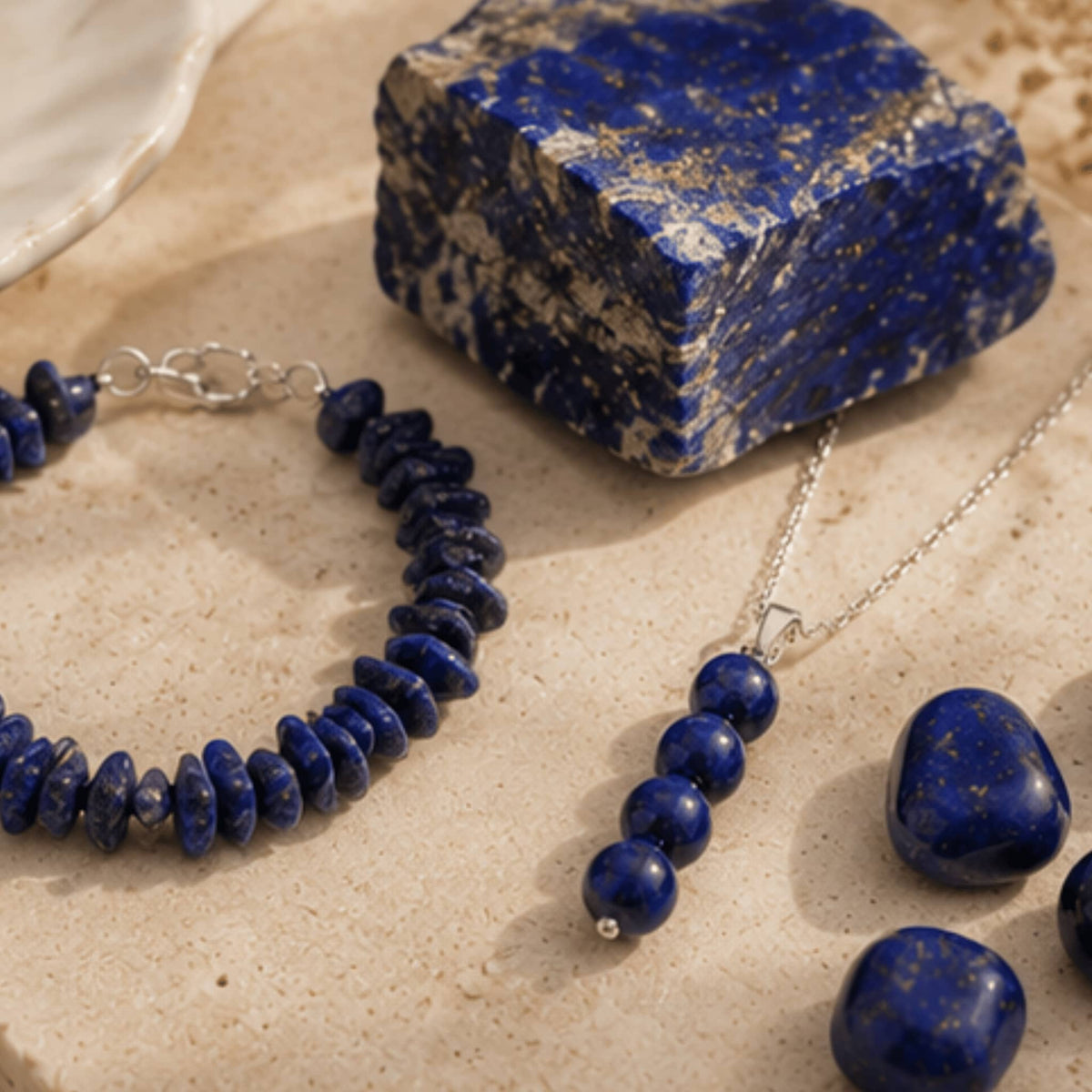 Lapis lazuli crystal jewelry collection with deep blue healing gemstone. Lapis Lazuli  necklaces, bracelets, earrings, rings and loose stones