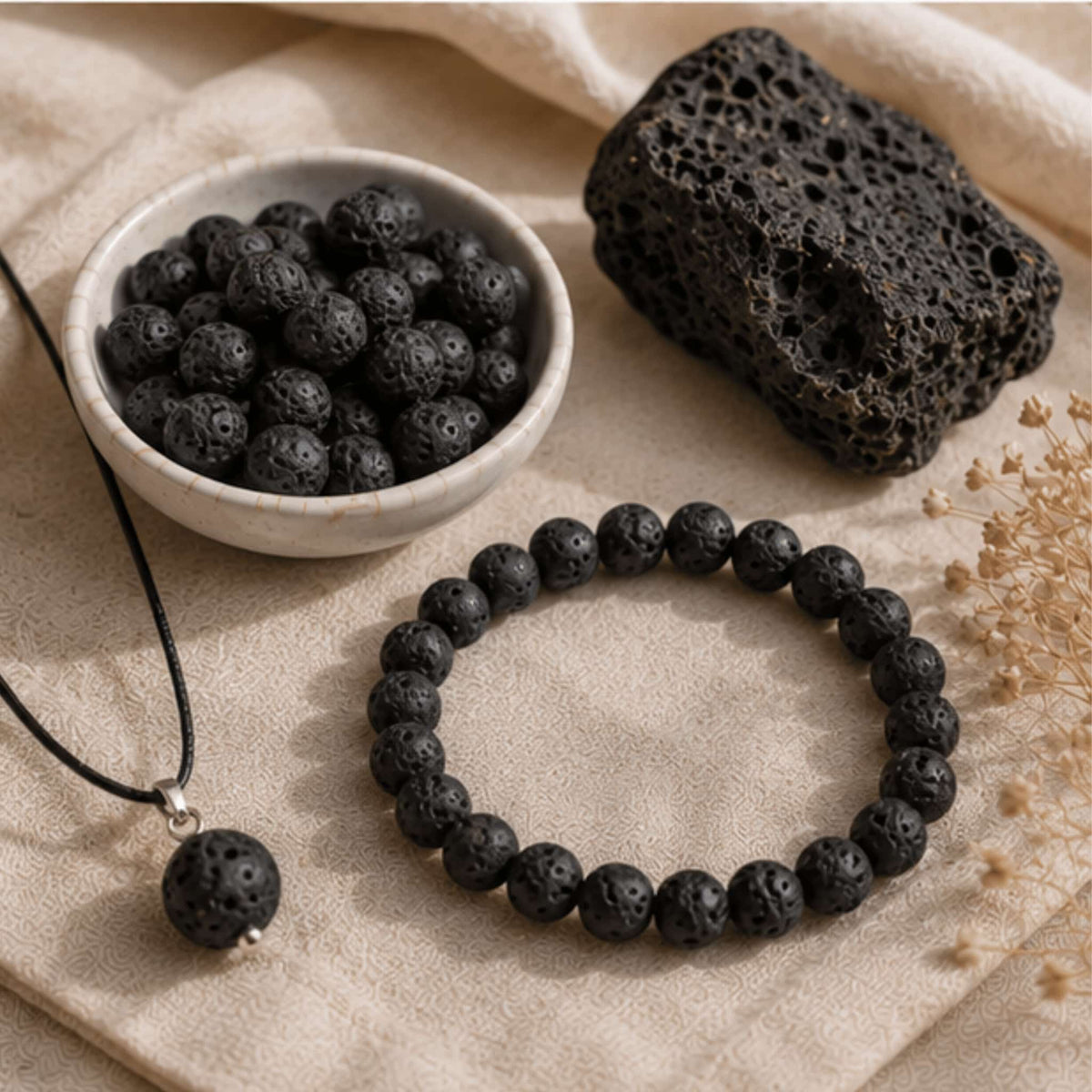 Lava stone crystal jewelry collection with grounding volcanic healing stone for essential oil diffusion. Lava stone bracelets and necklaces