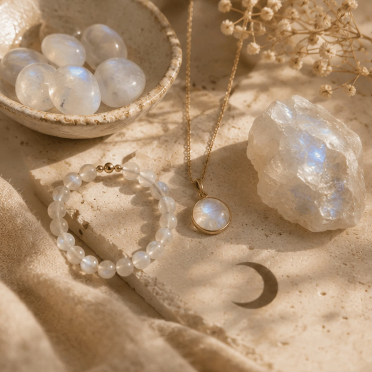 Moonstone crystal jewelry collection with intuitive feminine healing intention. Moonstone bracelets, moonstone necklaces, moonstone pendants, moonstone rings and more