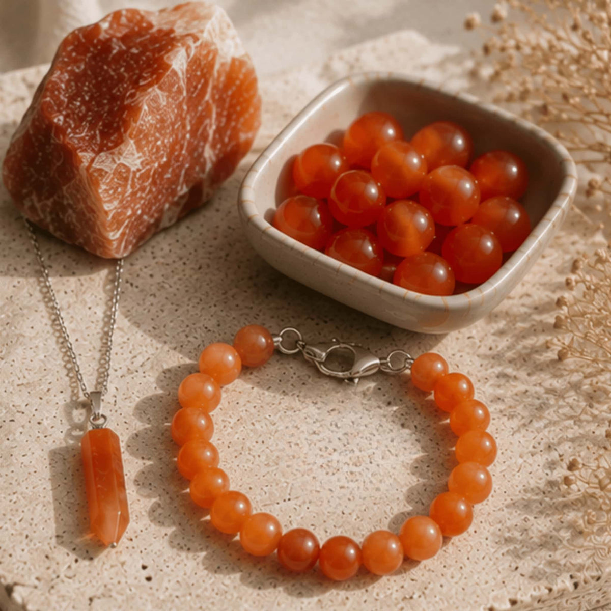 Red aventurine crystal jewelry collection with energizing red healing stone. Orange red aventurine necklaces, bracelets, earrings, rings and more
