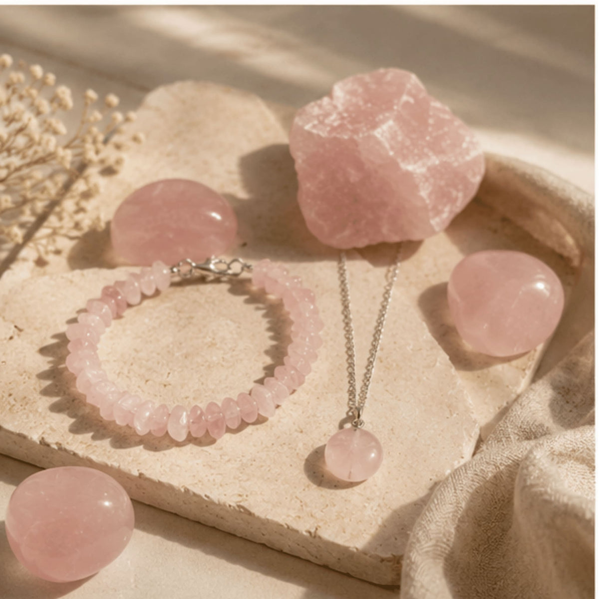 Rose quartz crystal jewelry collection with pink love and compassion healing stone, Rose quartz bracelets, rose quartz necklaces, rose quartz pendants, rose quartz earrings, rose quartz stones