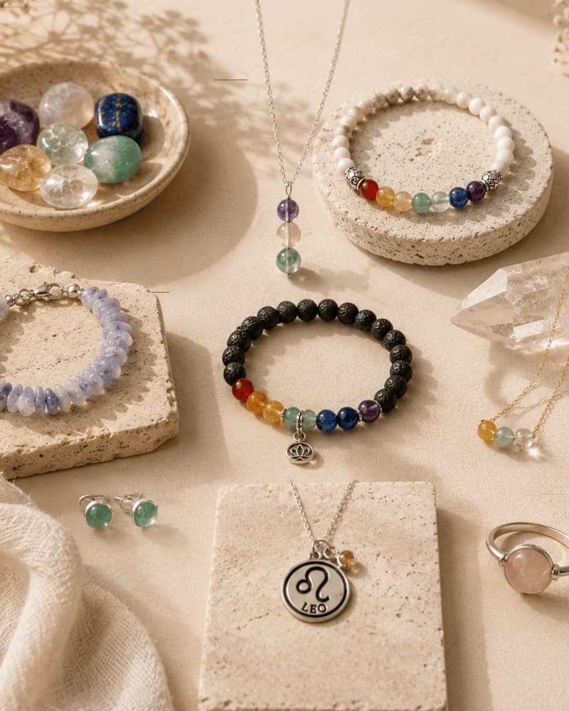Full product library featuring Intention Charms crystal jewelry and spiritual apparel