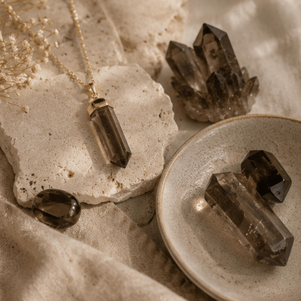 Smoky quartz crystal jewelry collection with grounding protective healing stone. Smoky quartz necklaces, pendants, earrings, bracelets and more