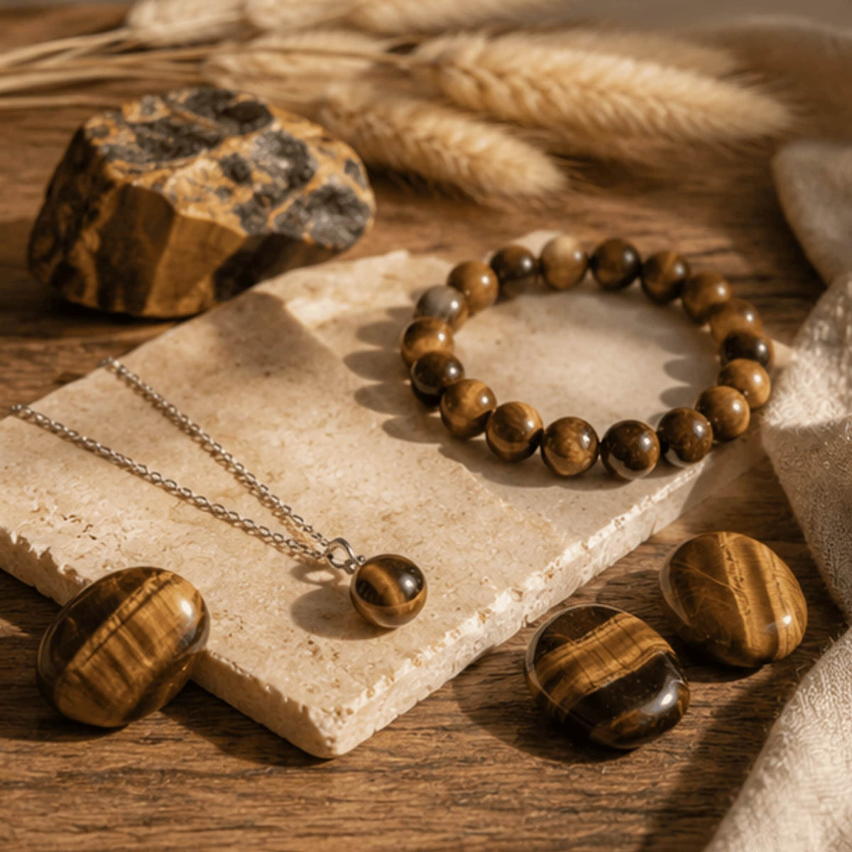 Tiger's eye crystal jewelry collection with golden protective healing stone. Tigers Eye necklaces, Tiger's Eye bracelets, Tiger's Eye rings and more
