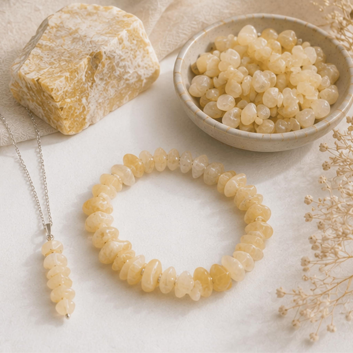 Yellow jasper crystal jewelry collection with warm energizing healing stone yellow jasper bracelets, yellow jasper necklaces 