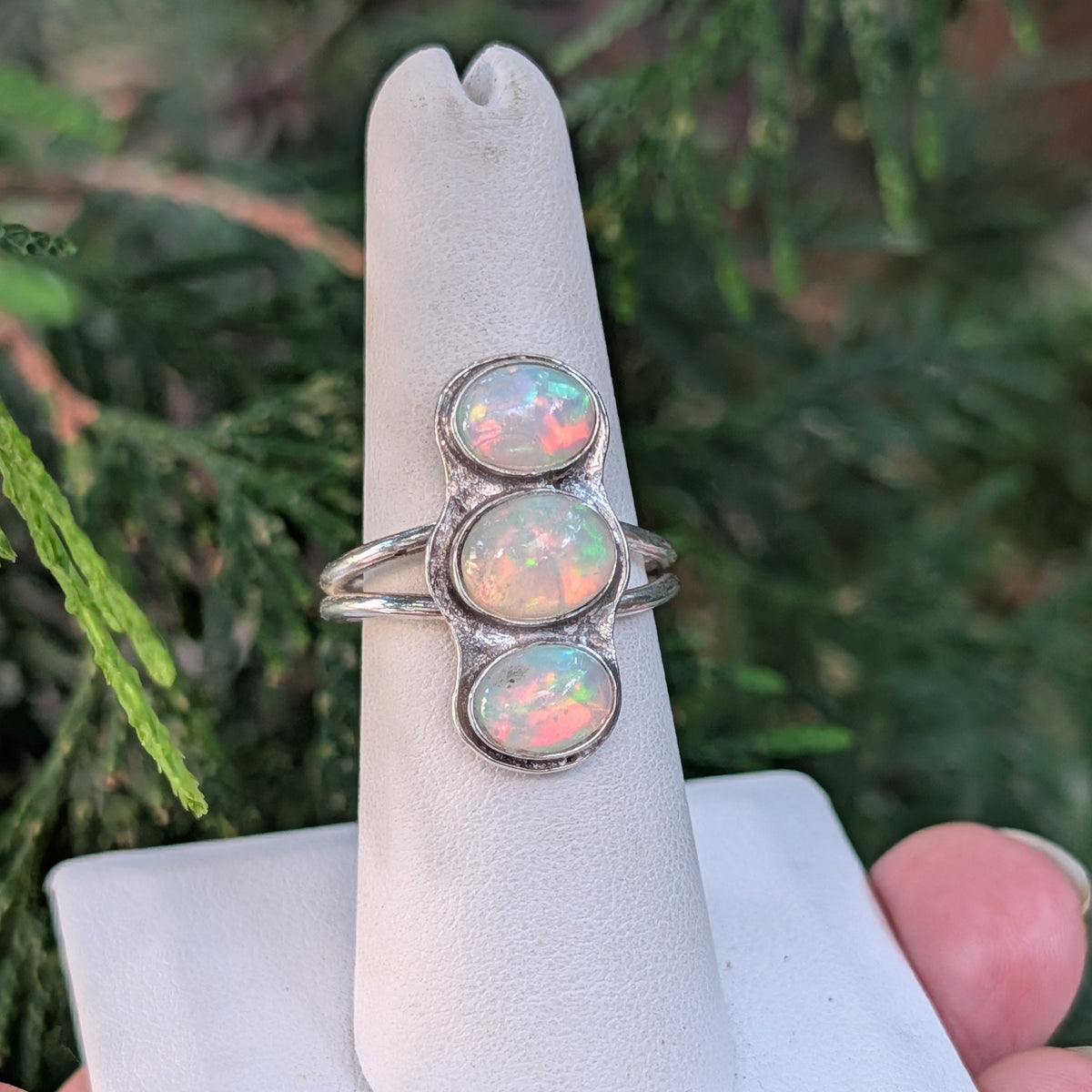 Ethiopian opal ring showing green and blue flashes
