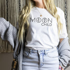 Moon Child T-Shirt in White – moon child spiritual tee, celestial gift for women heat-pressed in Canada