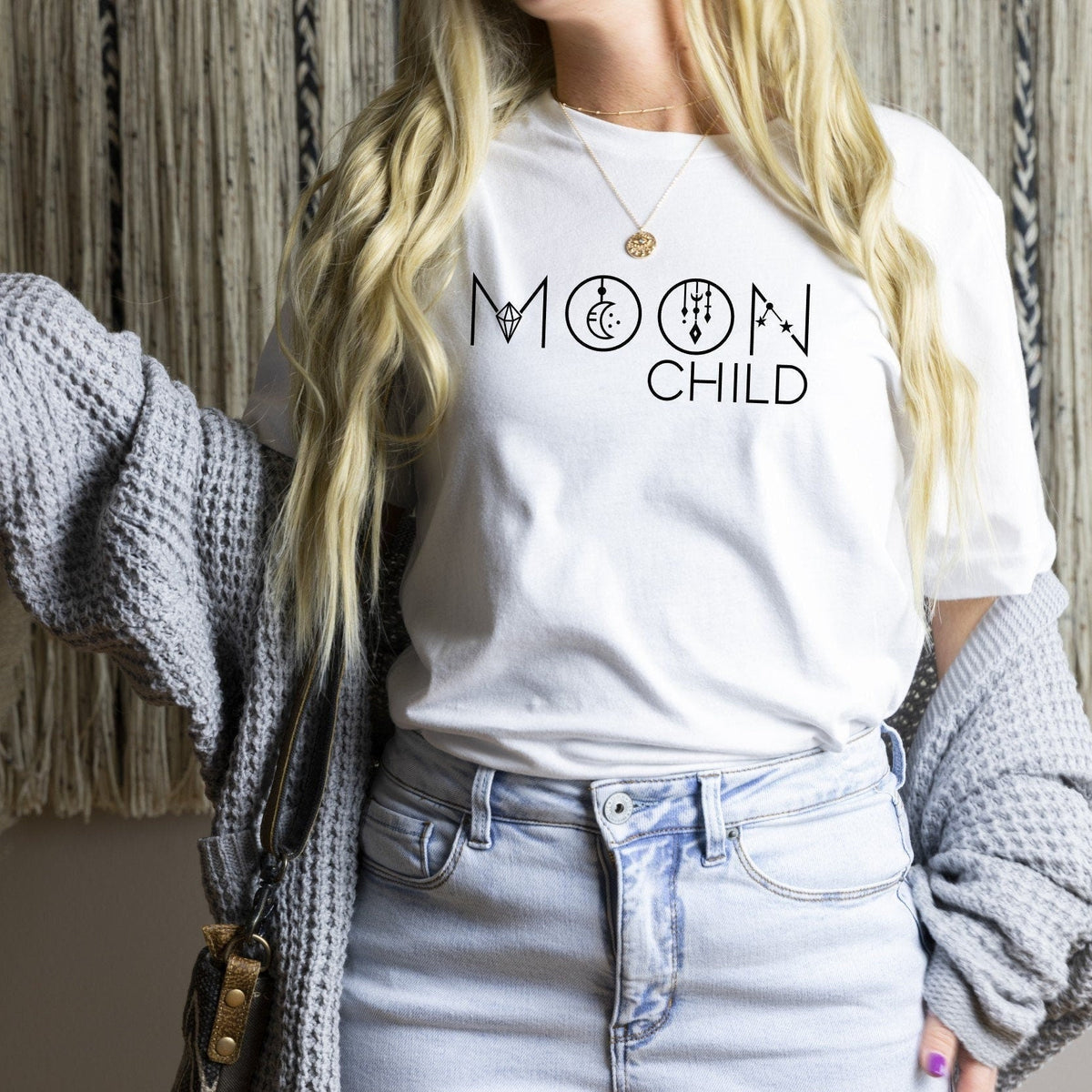 Moon Child T-Shirt in White – moon child spiritual tee, celestial gift for women heat-pressed in Canada