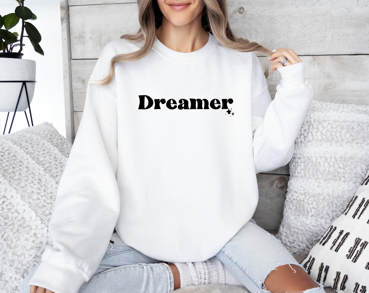Dreamer Pullover Sweatshirt in White – women's manifestation sweatshirt, dreamer crewneck heat-pressed in Canada