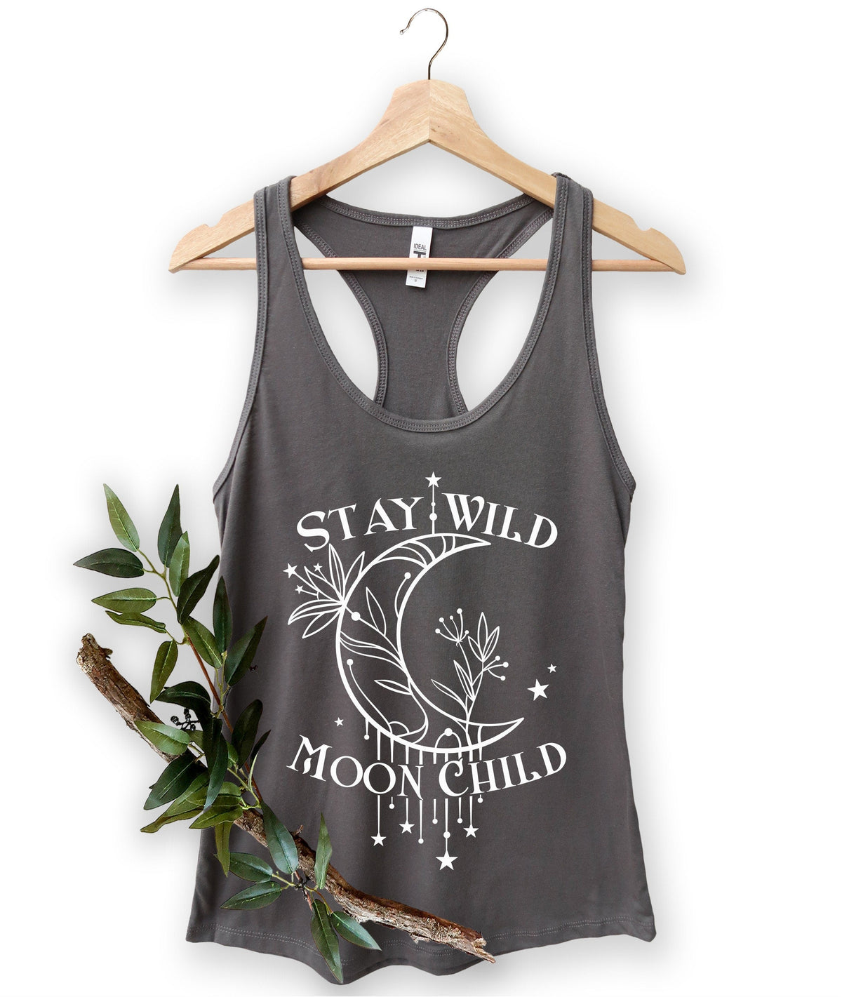 Stay Wild Moon Child tank top in dark grey – moon goddess gift, celestial women's apparel