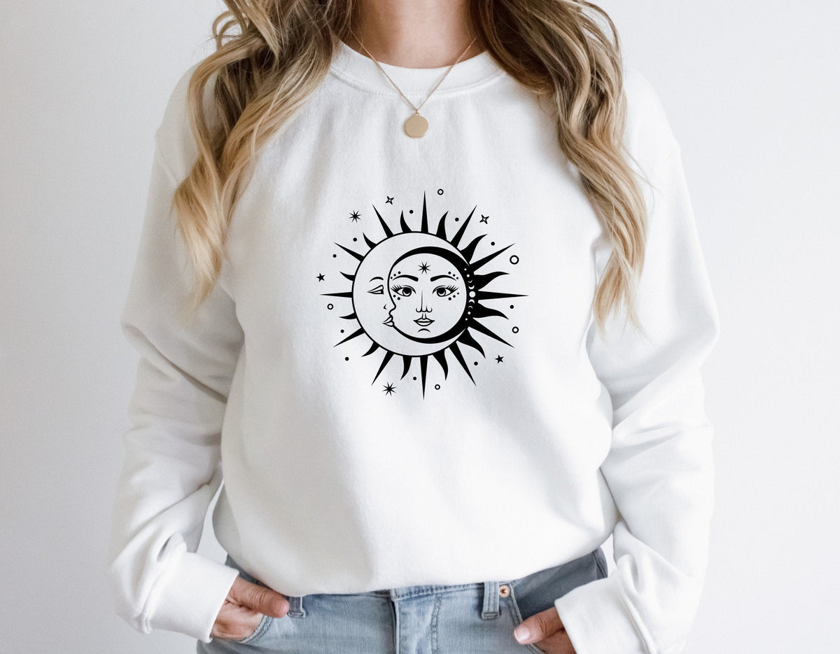 Sun and Moon Yin Yang Sweatshirt in White with black print– sun and moon crewneck sweatshirt, spiritual celestial apparel