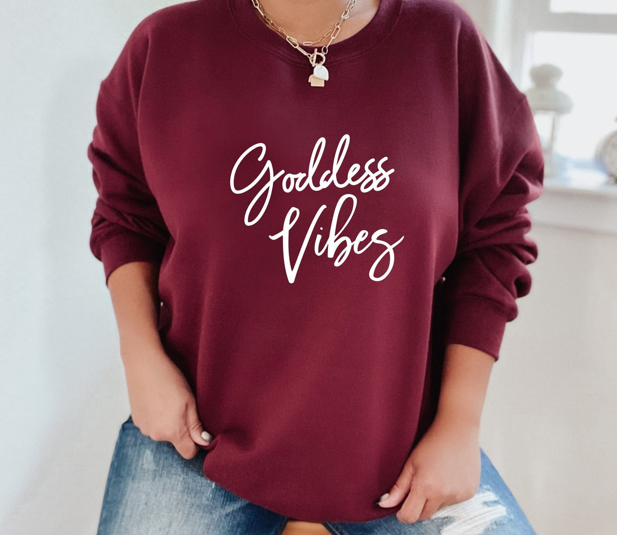 Goddess Vibes Sweatshirt in Maroon – divine feminine energy crewneck, spiritual gift for women