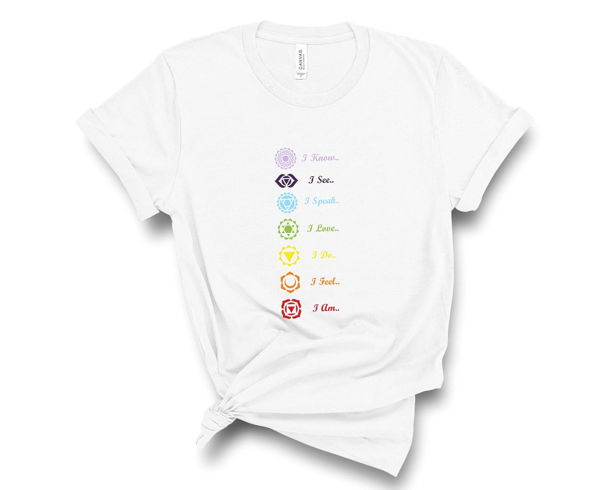7 Chakra T-Shirt in White – chakra gift for yogis and energy healers, spiritual graphic tee heat-pressed in Canada