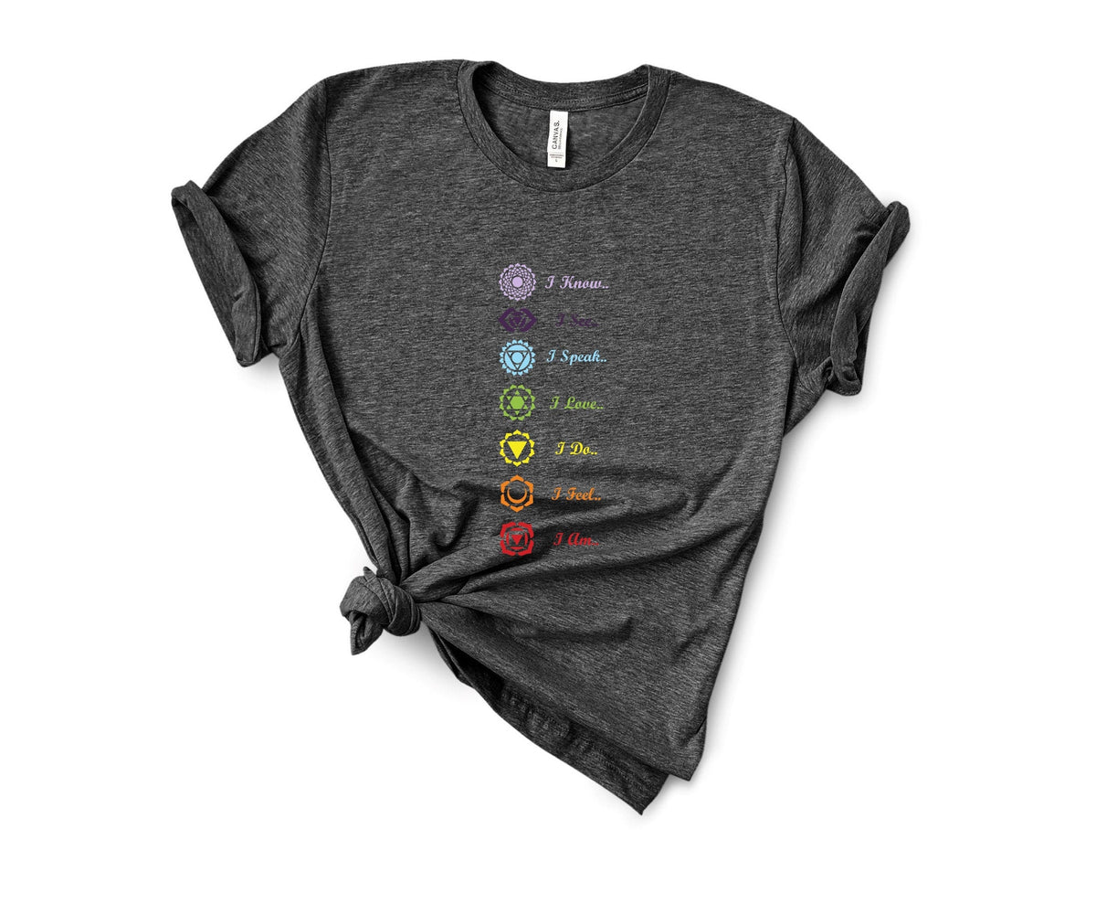 7 Chakra T-Shirt in Dark Gray Heather – 7 chakra symbols tee, spiritual gift for meditators and yogis