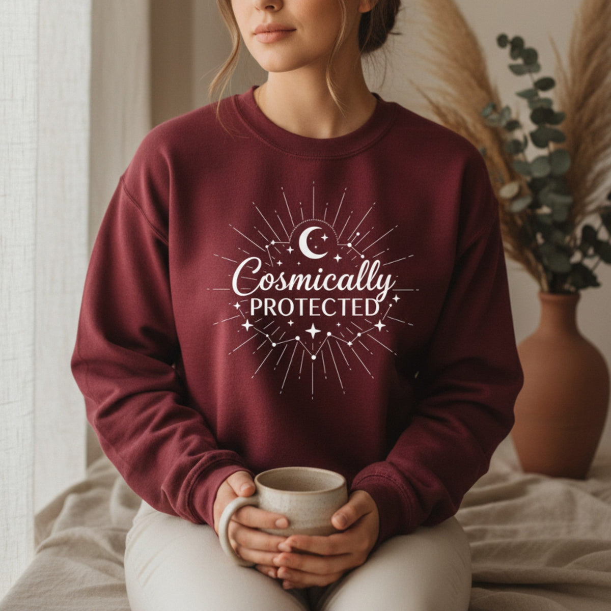 Cosmically Protected Sweatshirt in Maroon – cosmically protected women's sweatshirt, spiritual celestial gift