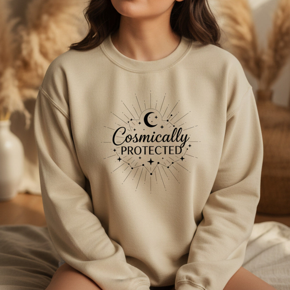 Cosmically Protected Sweatshirt in Sand – celestial spiritual crewneck, gift for women who trust the universe