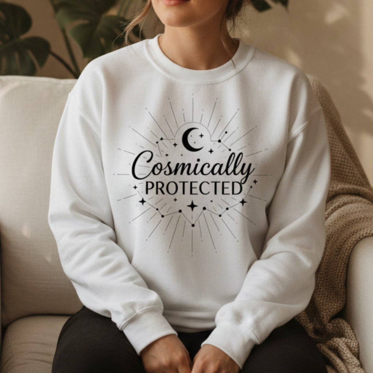 Cosmically Protected Sweatshirt in White – celestial crewneck sweatshirt for women, spiritual protection gift