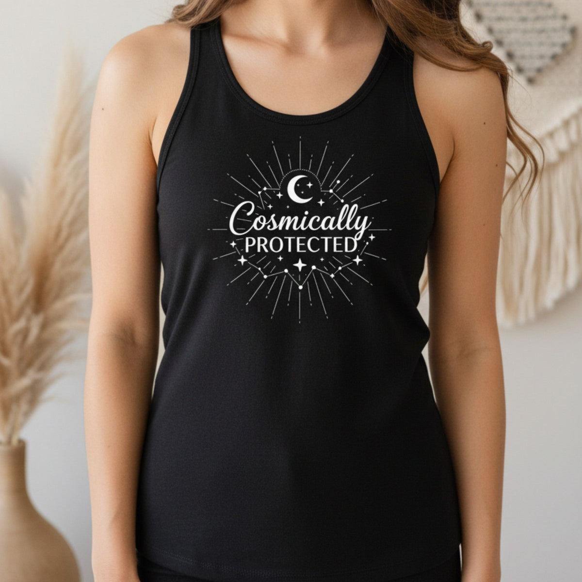 Cosmically Protected tank top in black – witchy spiritual women's tank, celestial gift idea