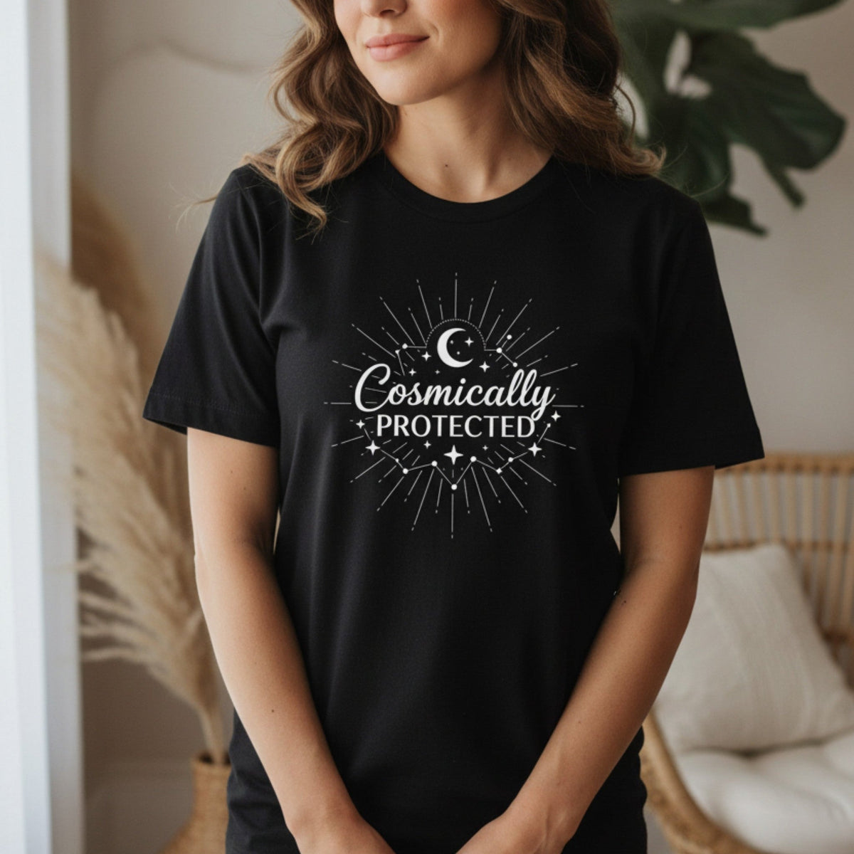 Cosmically Protected T-Shirt in Black – cosmically protected graphic tee, spiritual gift for women