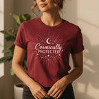 Cosmically Protected T-Shirt in Cardinal Red – cosmically protected tee, celestial spiritual gift for women