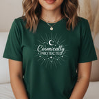 Cosmically Protected T-Shirt in Forest Green – celestial graphic tee for women, spiritual protection gift