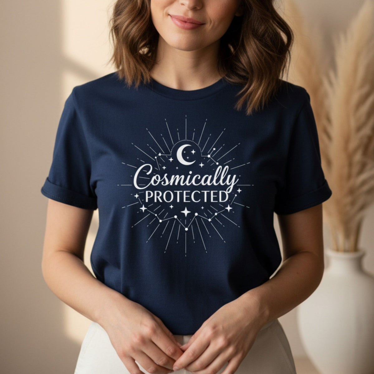Cosmically Protected T-Shirt in Navy – celestial spiritual gift for women, graphic tee heat-pressed in Canada