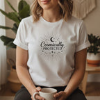 Cosmically Protected T-Shirt in White – cosmically protected spiritual tee, celestial gift heat-pressed in Canada