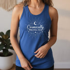 Cosmically Protected racerback tank top in blue – celestial protection women's tank, spiritual gift
