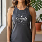 Cosmically Protected tank top in dark gray – spiritual women's racerback, celestial apparel