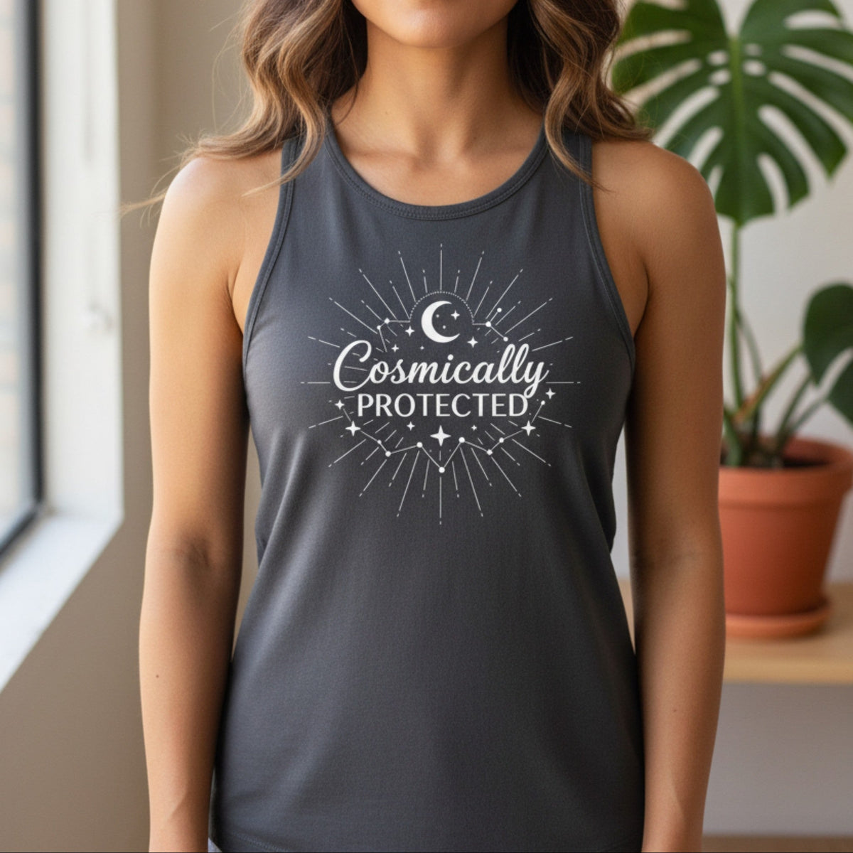 Cosmically Protected tank top in dark gray – spiritual women's racerback, celestial apparel