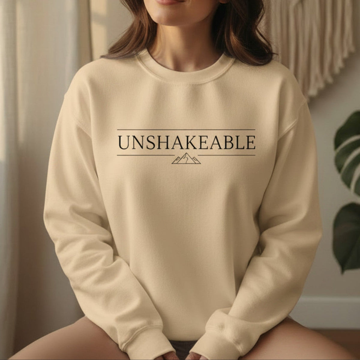 Unshakeable Sweatshirt in Sand – empowerment gift for women, motivational spiritual crewneck sweatshirt
