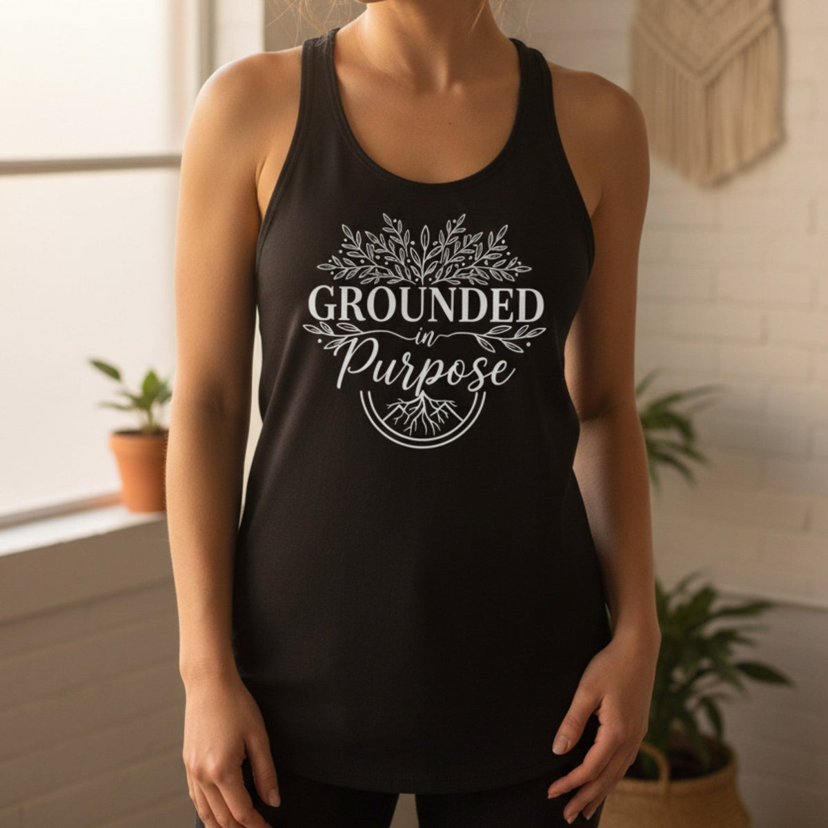 Grounded in Purpose racerback tank top in black – women's spiritual tank, yoga gift idea