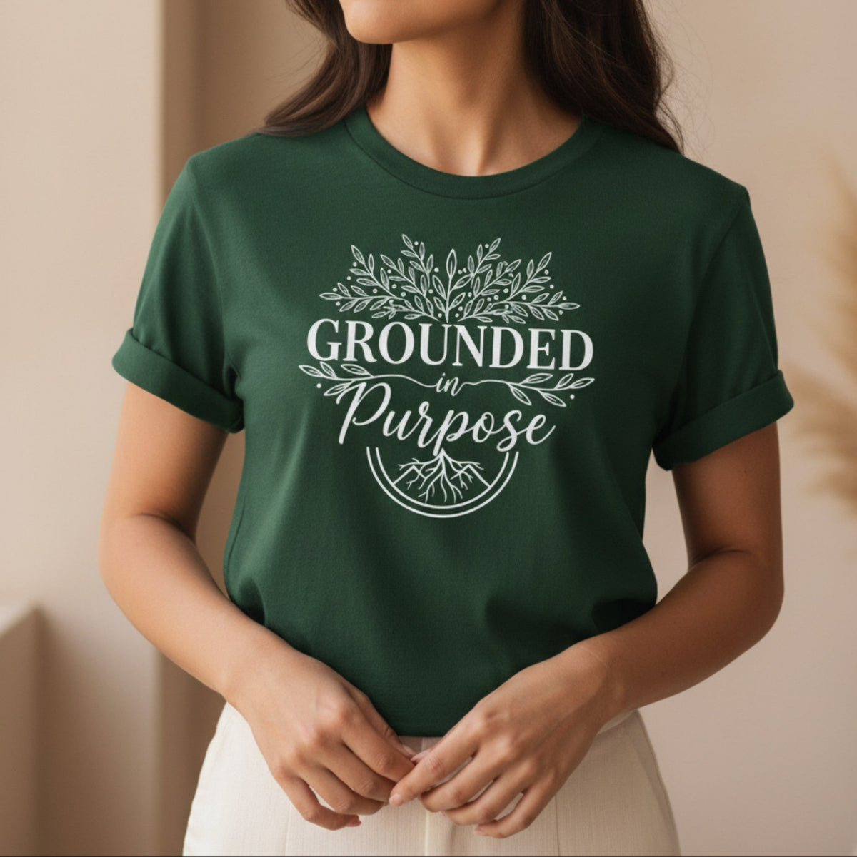 Grounded In Purpose T-Shirt in Forest Green – spiritual gifts for her, yoga graphic tee, mindfulness shirt