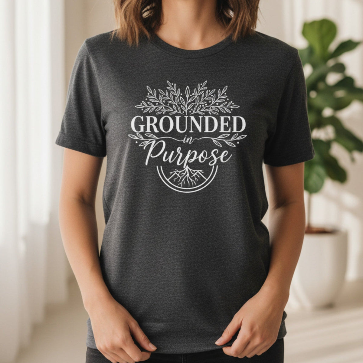 Grounded In Purpose T-Shirt in Dark Gray Heather – spiritual graphic tee, gifts for yogis, mindfulness shirt