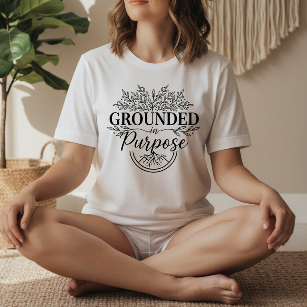 Grounded In Purpose T-Shirt in White – spiritual tee for women, yoga gifts, grounding graphic shirt