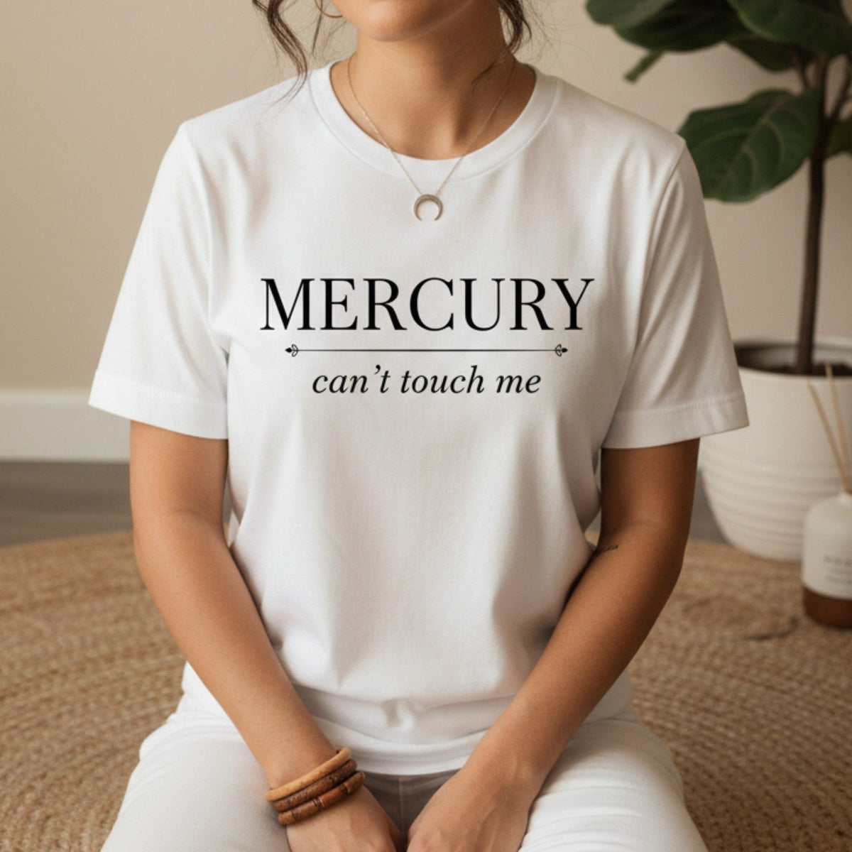Mercury Can't Touch Me T-Shirt in White – mercury can't touch me astrology shirt, spiritual tee heat-pressed in Canada